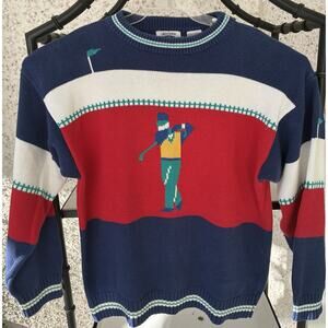 VTG Davidsons of Bermuda Golf Theme Cotton Pullover Sweater XL Navy Red White